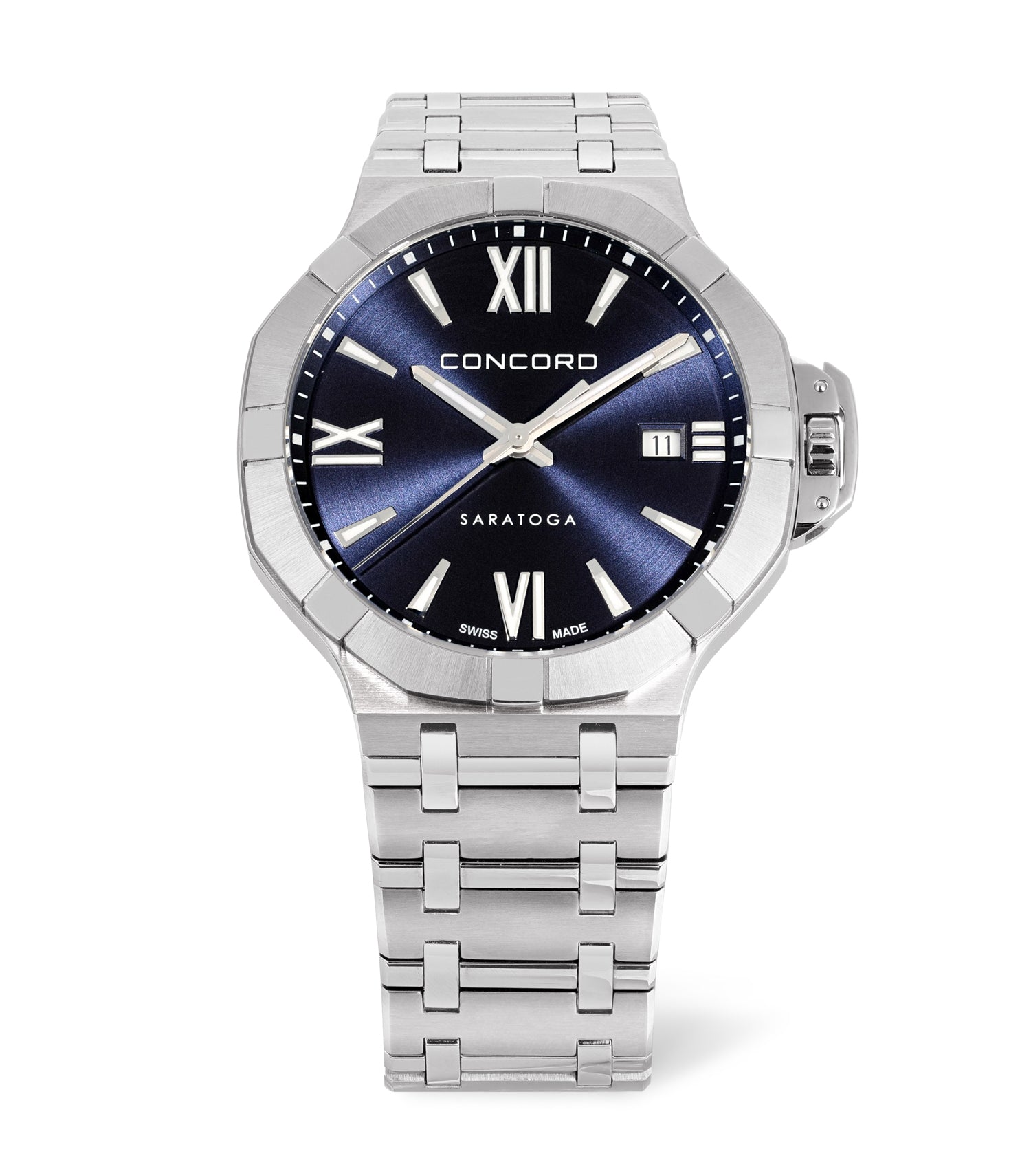 Stainless steel,
blue dial