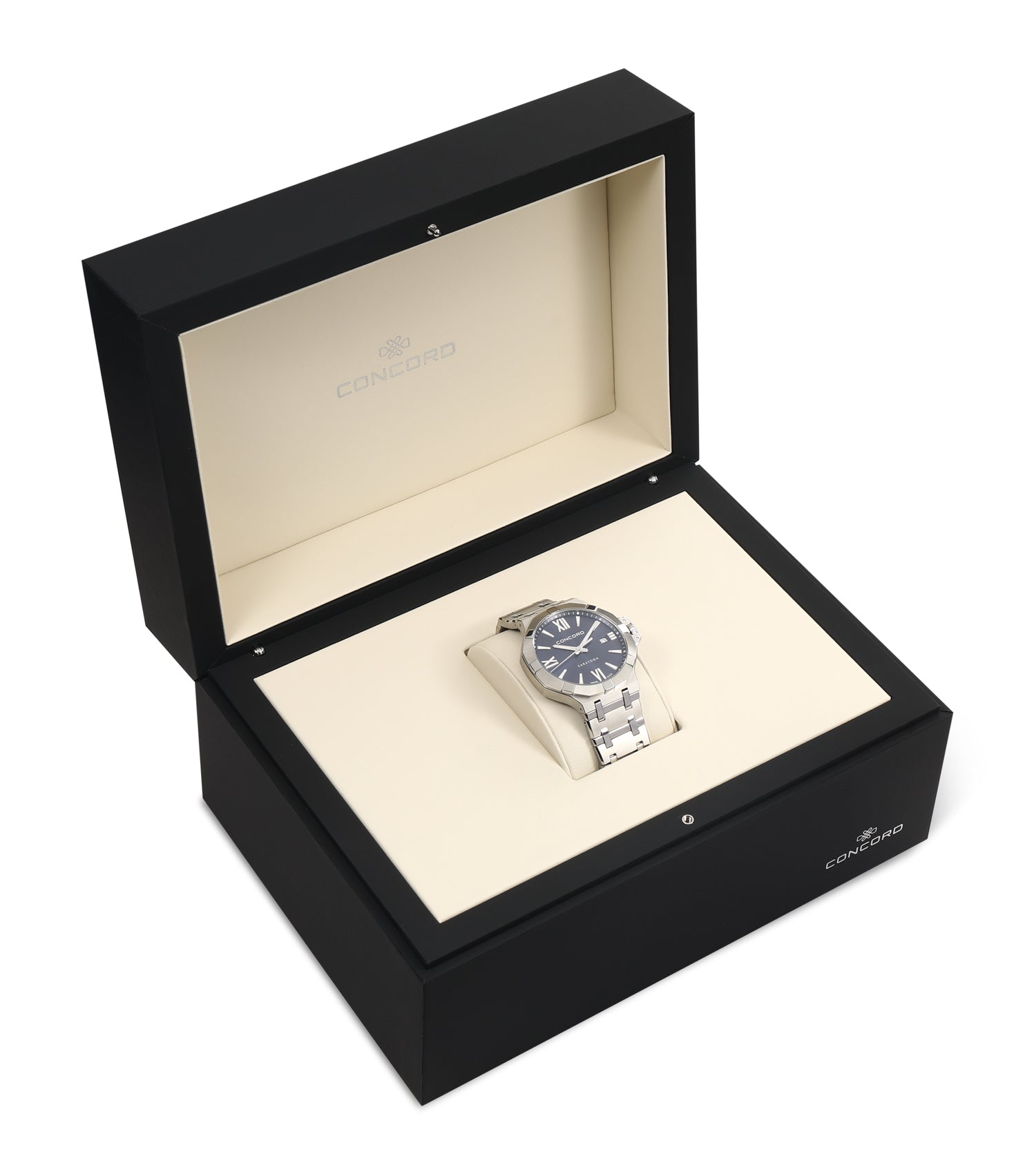 Stainless steel,
blue dial