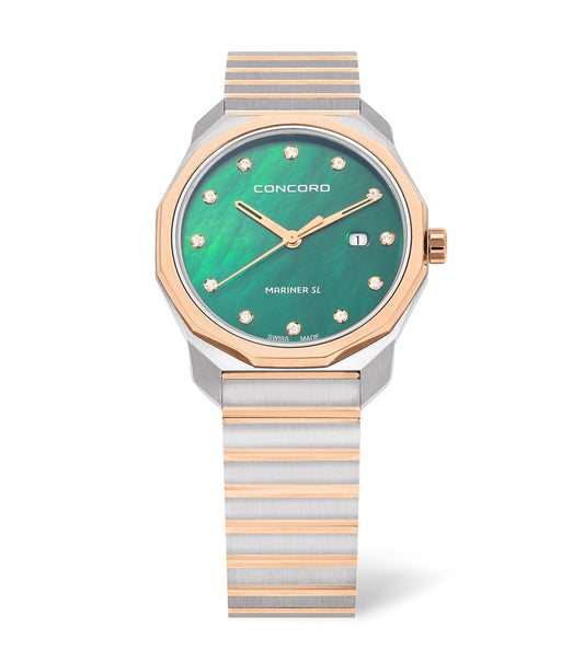 Stainless steel/18K RG, 
green MOP 12D dial