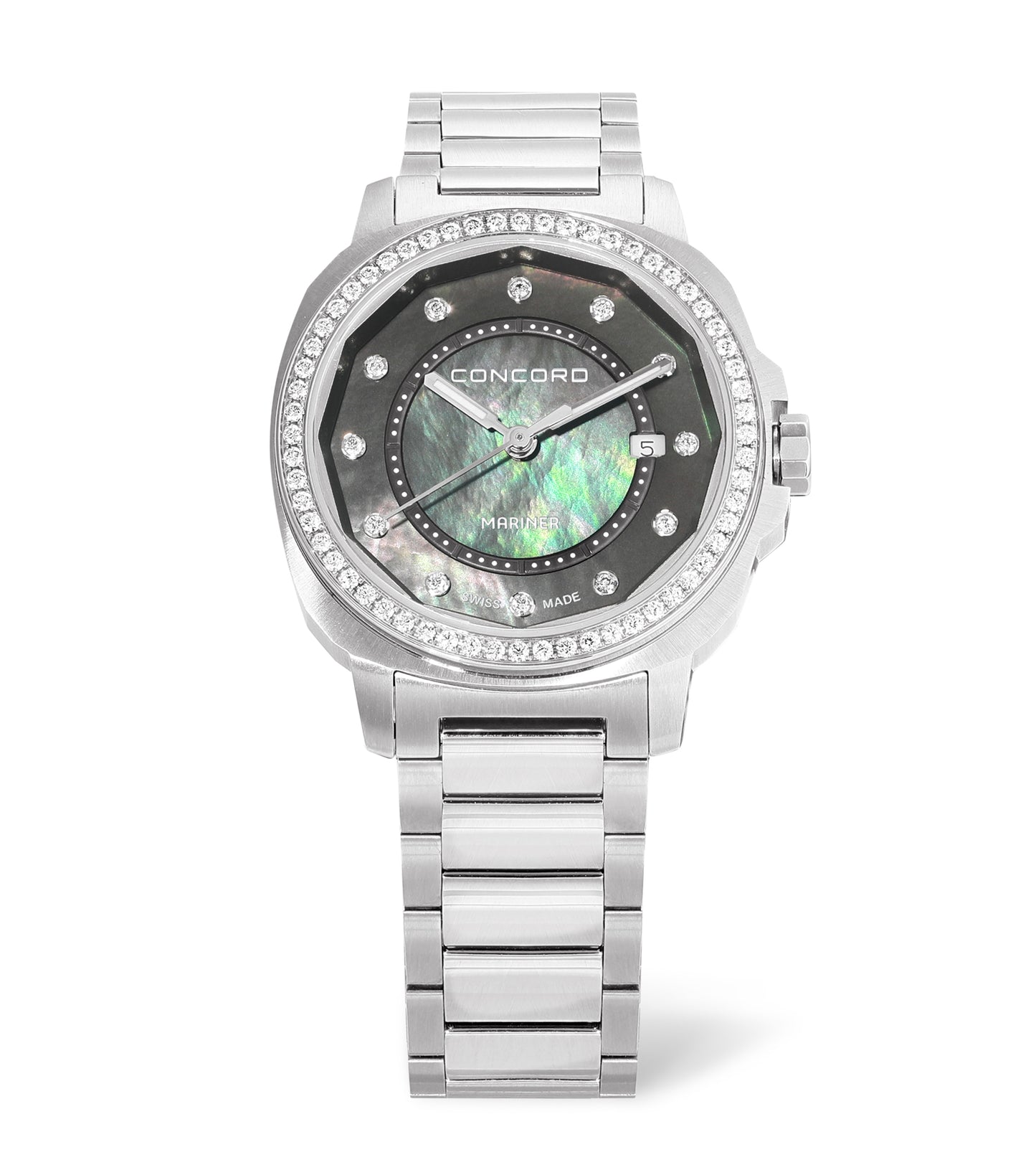 Stainless Steel, Set Bezel, Grey Mop 12D Dial
