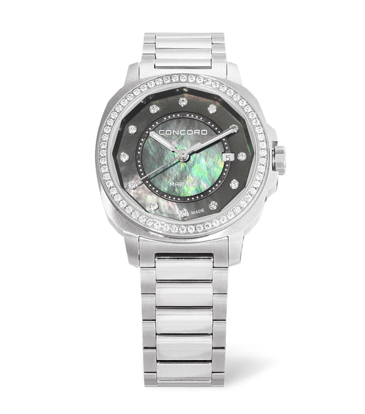 Stainless Steel, Set Bezel, Grey Mop 12D Dial