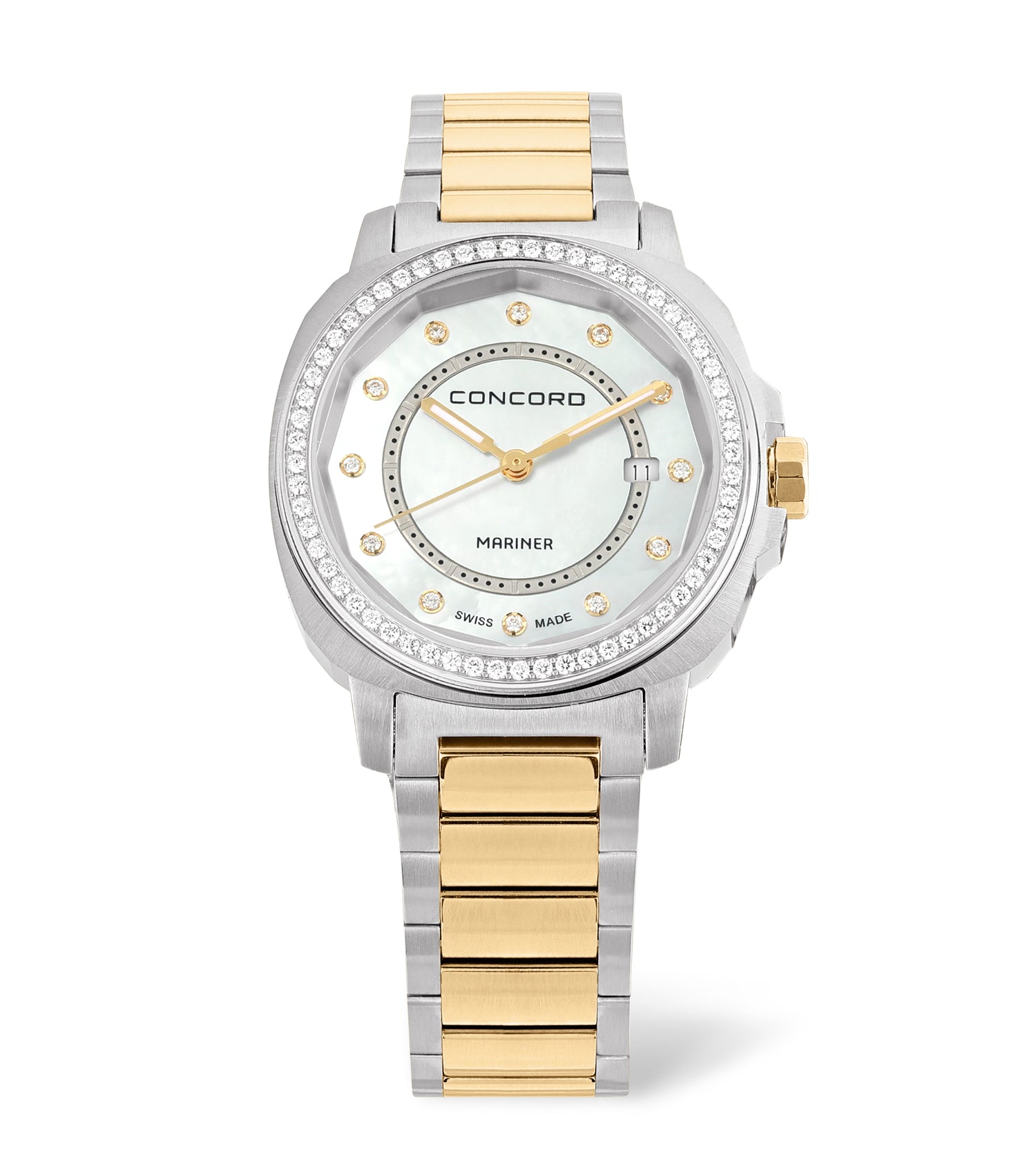 Stainless Steel, Set Bezel, White Mop 12D Dial