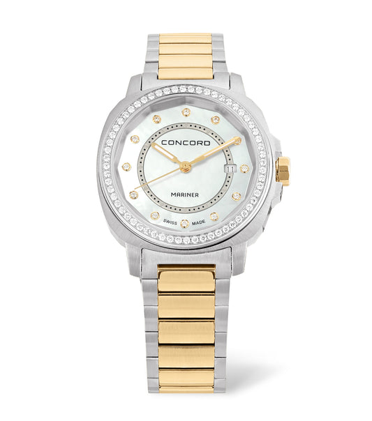 Stainless Steel, Set Bezel, White Mop 12D Dial