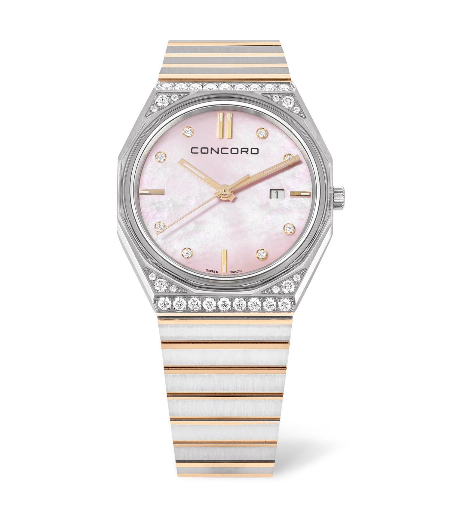 Stainless steel and gold, Diamond Case, Pink MOP Dial, 29mm, Quartz