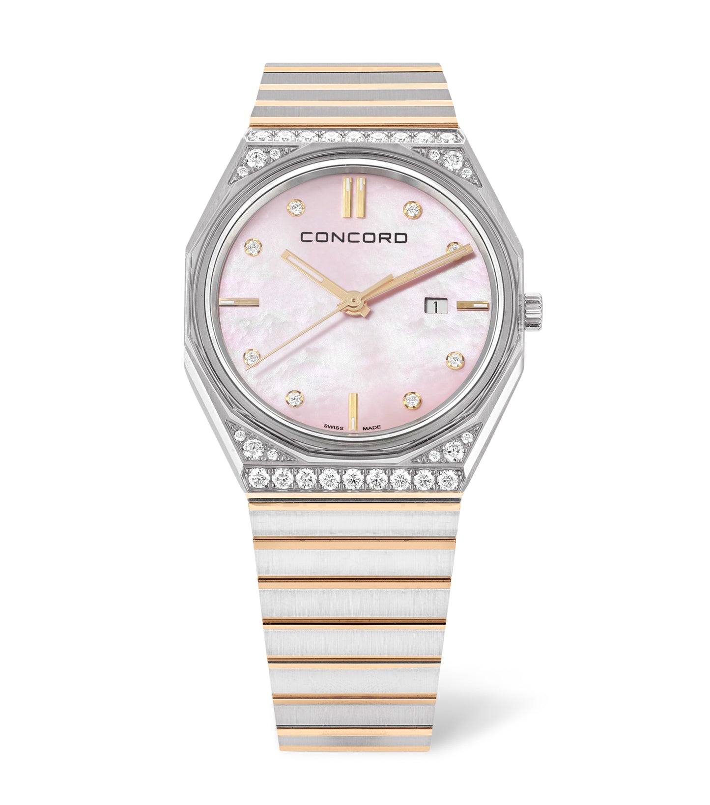 Stainless steel and gold, Diamond Case, Pink MOP Dial, 29mm, Quartz