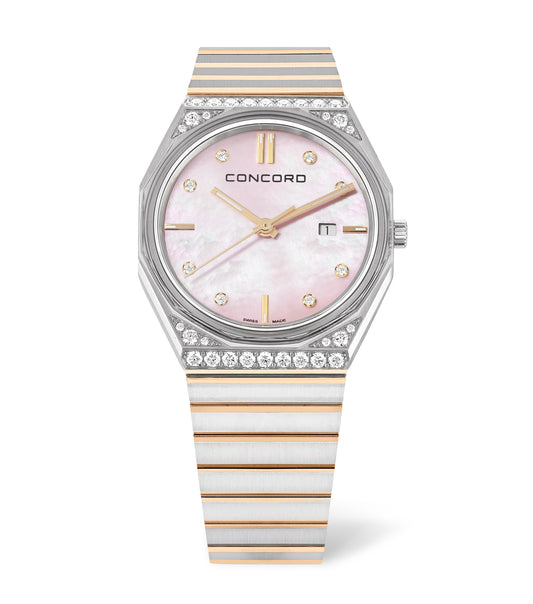 Stainless steel and gold, Diamond Case, Pink MOP Dial, 29mm, Quartz