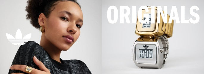 Adidas Originals digital watches with gold and silver cases, shown in lifestyle and product views