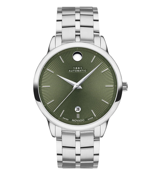 Black Movado watch with minimalist design, sleek stainless steel case, and elegant black dial, angled face view, passion for timepieces