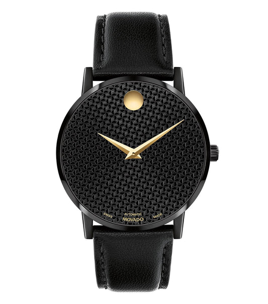 Elegant Movado black watch, side view highlighting sleek design, crafted black dial, silver markers, and black leather strap.