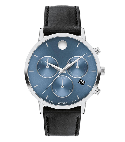 Sleek black Movado watch with minimalist design, side angle view showcasing iconic single dot dial and stainless steel case.