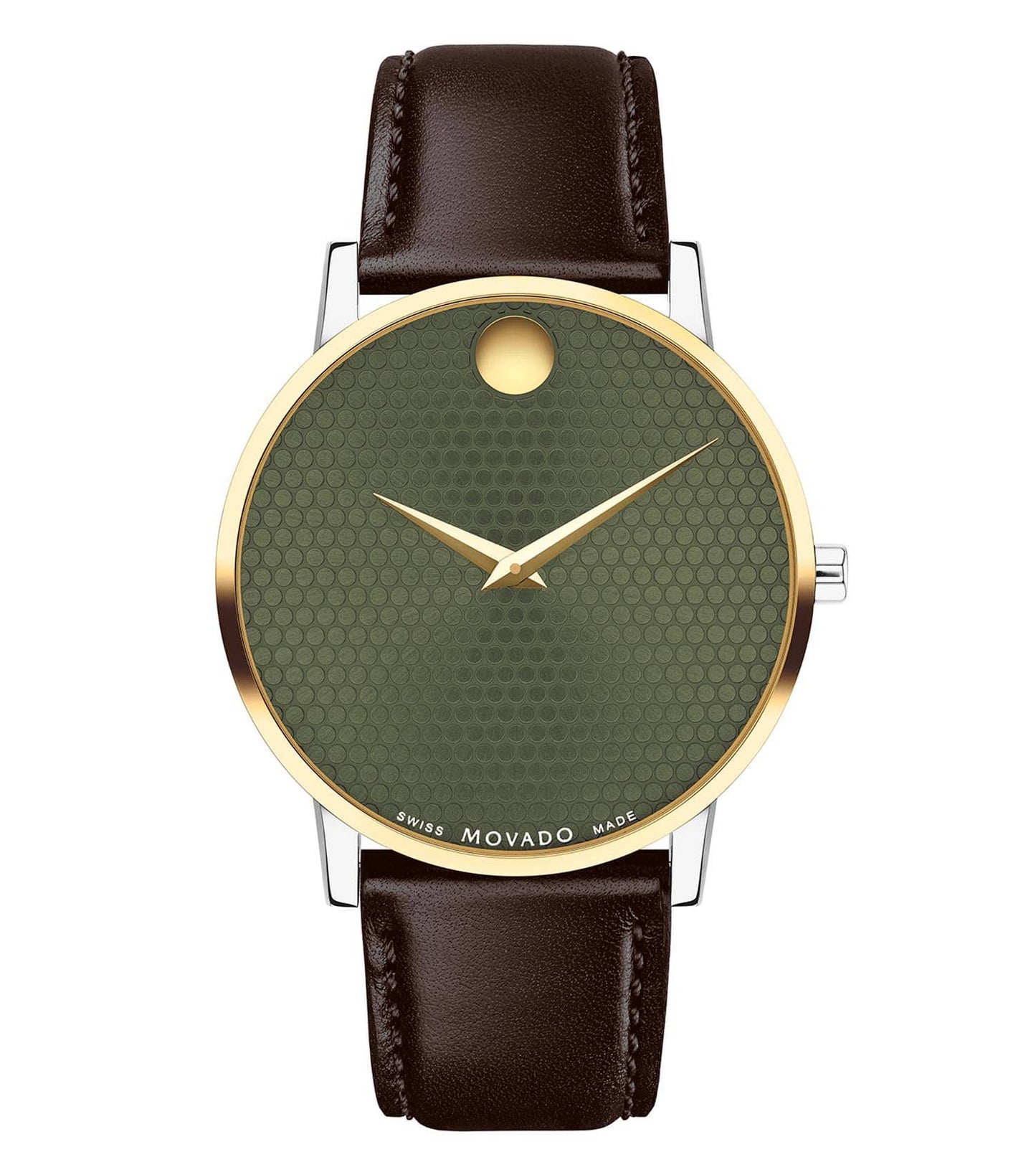 Movado Black Watch displaying timeless elegance, front angle showcasing bold black dial with sleek minimalist markers and iconic design.