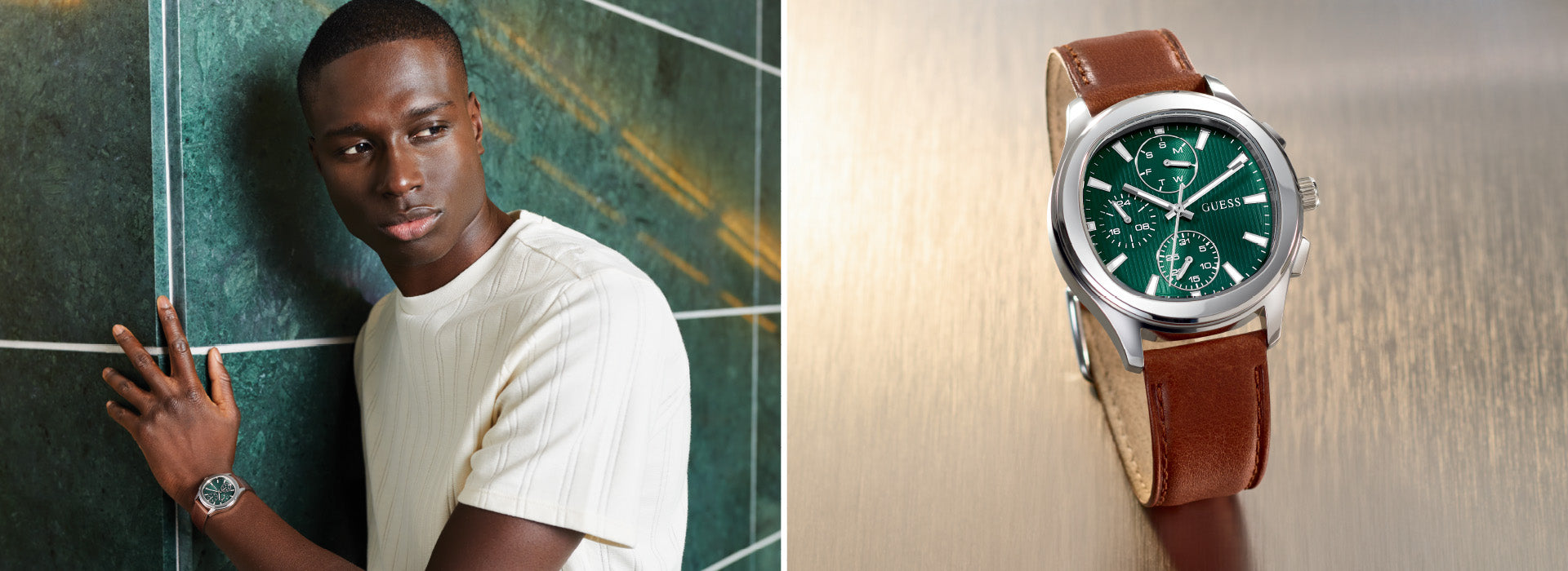 Guess chronograph watch with green dial and brown leather strap, shown in lifestyle and product views
