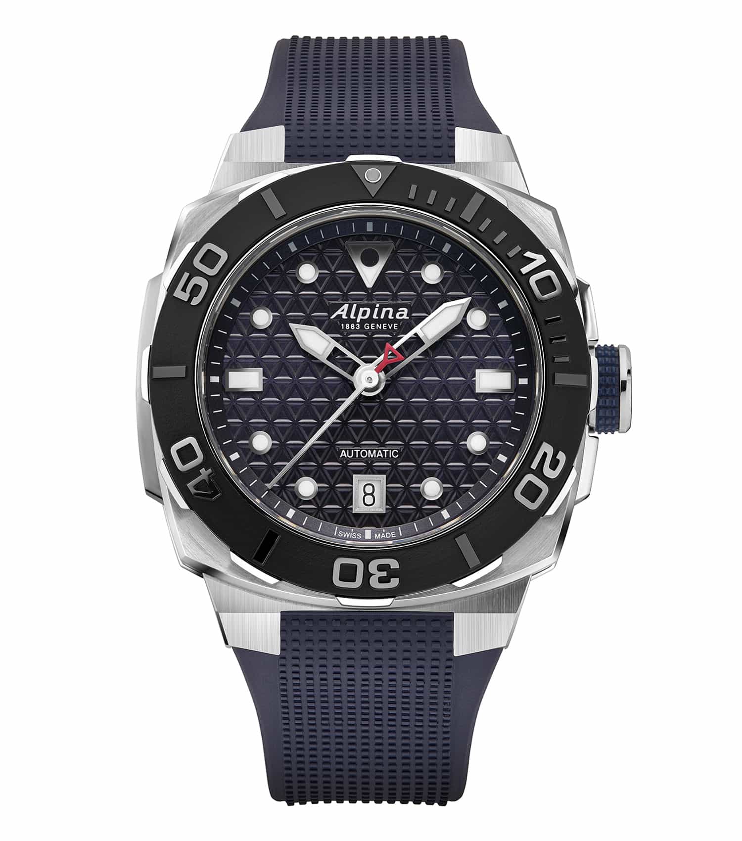 Alpina blue Seastrong Diver Extreme automatic watch, angled front view, showcasing sleek design and durable strap.