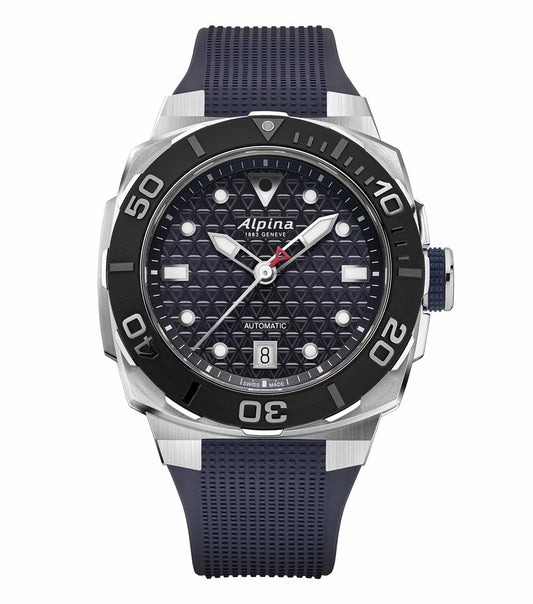 Alpina blue Seastrong Diver Extreme automatic watch, angled front view, showcasing sleek design and durable strap.