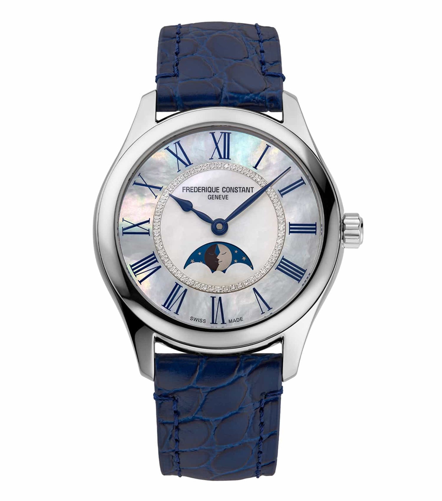 Frederique Constant white watch, front view; elegant lunar design with a moon phase dial, timeless class and modern luxury.