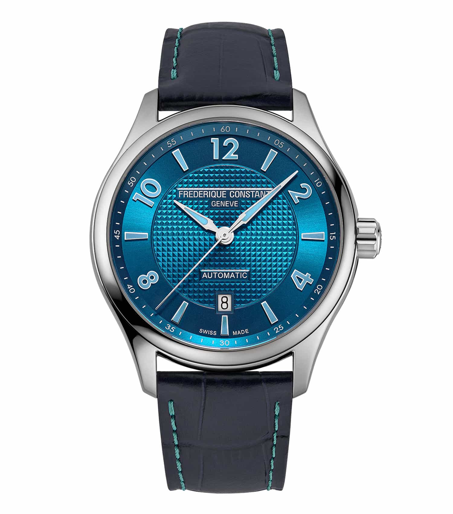 Elegant Frederique Constant blue watch, side angle, classic dial, leather strap, for discerning collectors seeking timeless luxury.