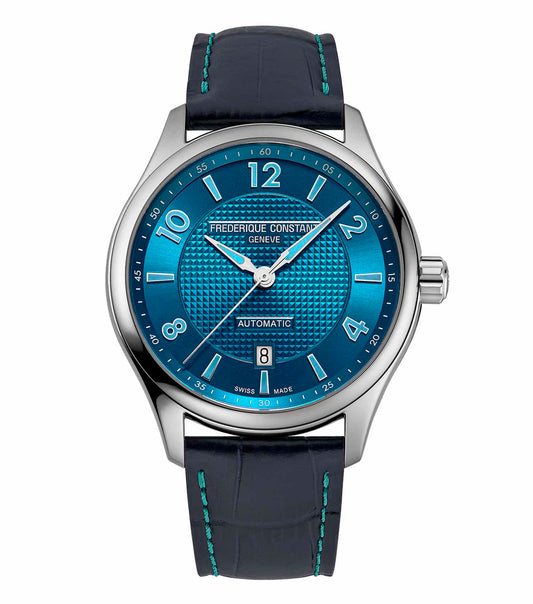Elegant Frederique Constant blue watch, side angle, classic dial, leather strap, for discerning collectors seeking timeless luxury.