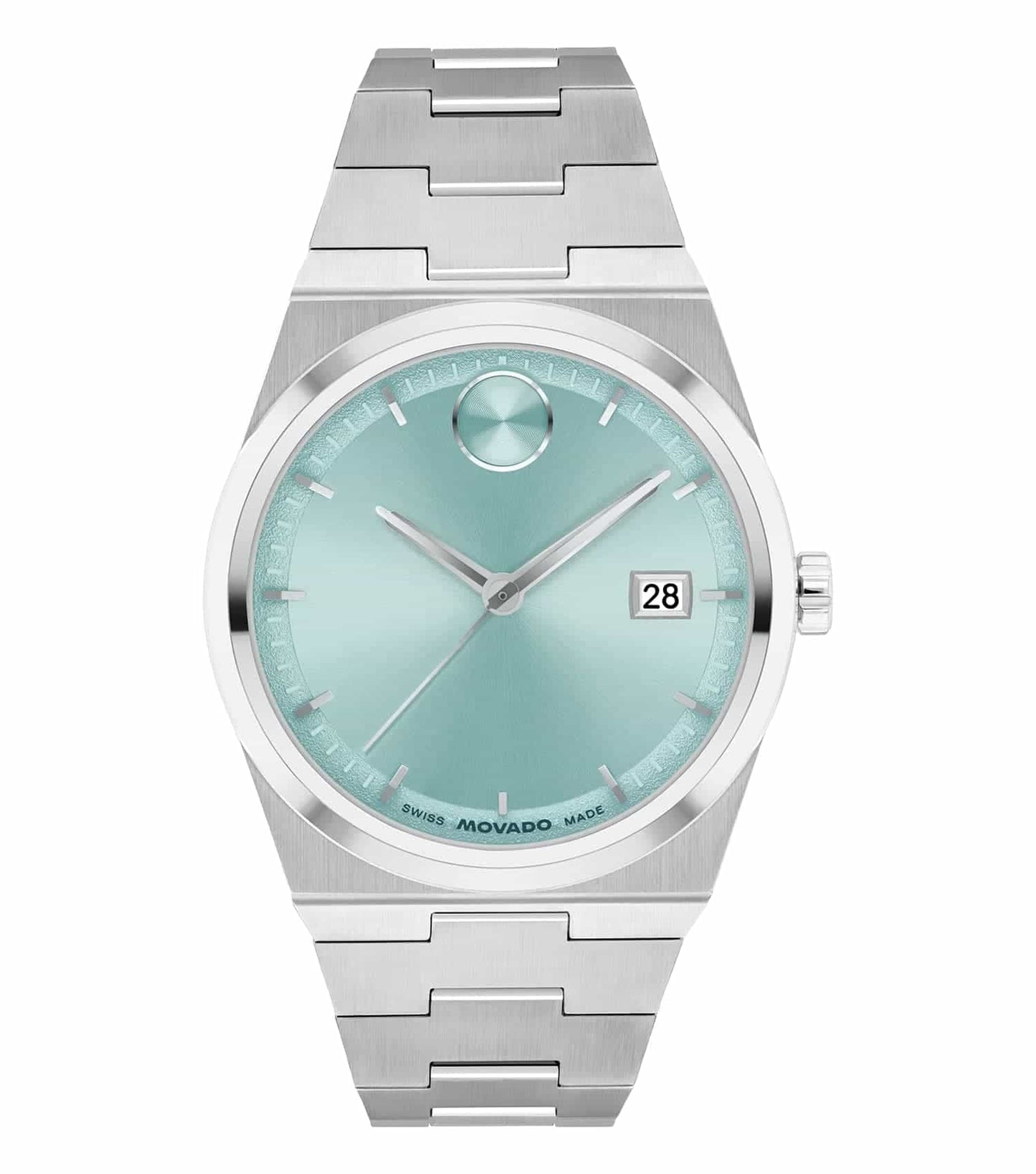 Movado bold watch in vivid blue, front-facing angle, sleek design with textured dial and minimalist index, exuding modern elegance.