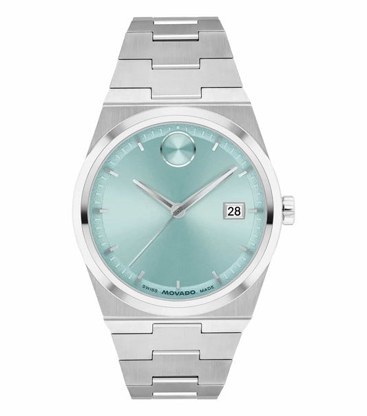Movado bold watch in vivid blue, front-facing angle, sleek design with textured dial and minimalist index, exuding modern elegance.