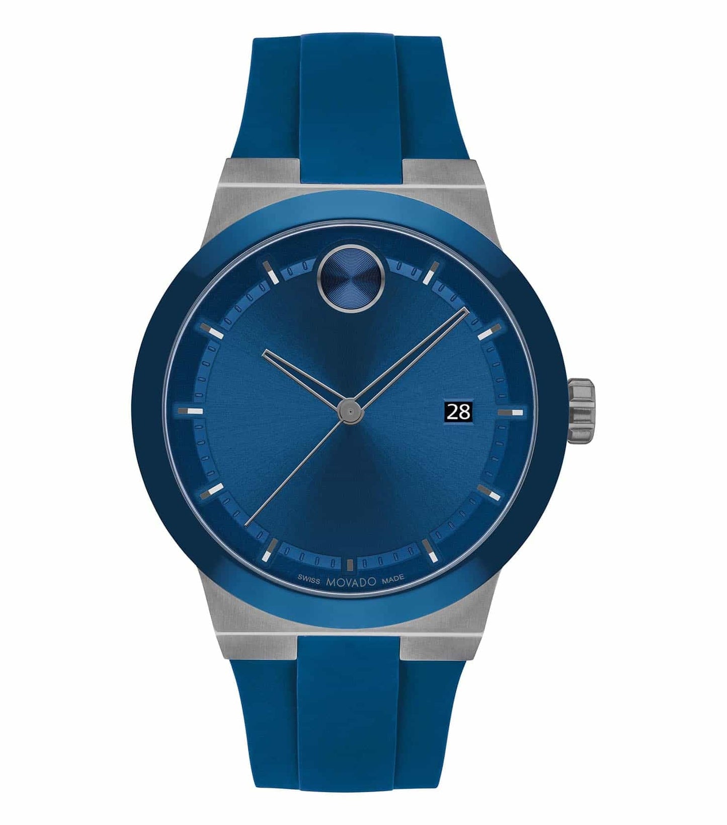 Movado watch, bold color, angled view showcasing watch face, silver-tone stainless steel bracelet, sleek and modern design.