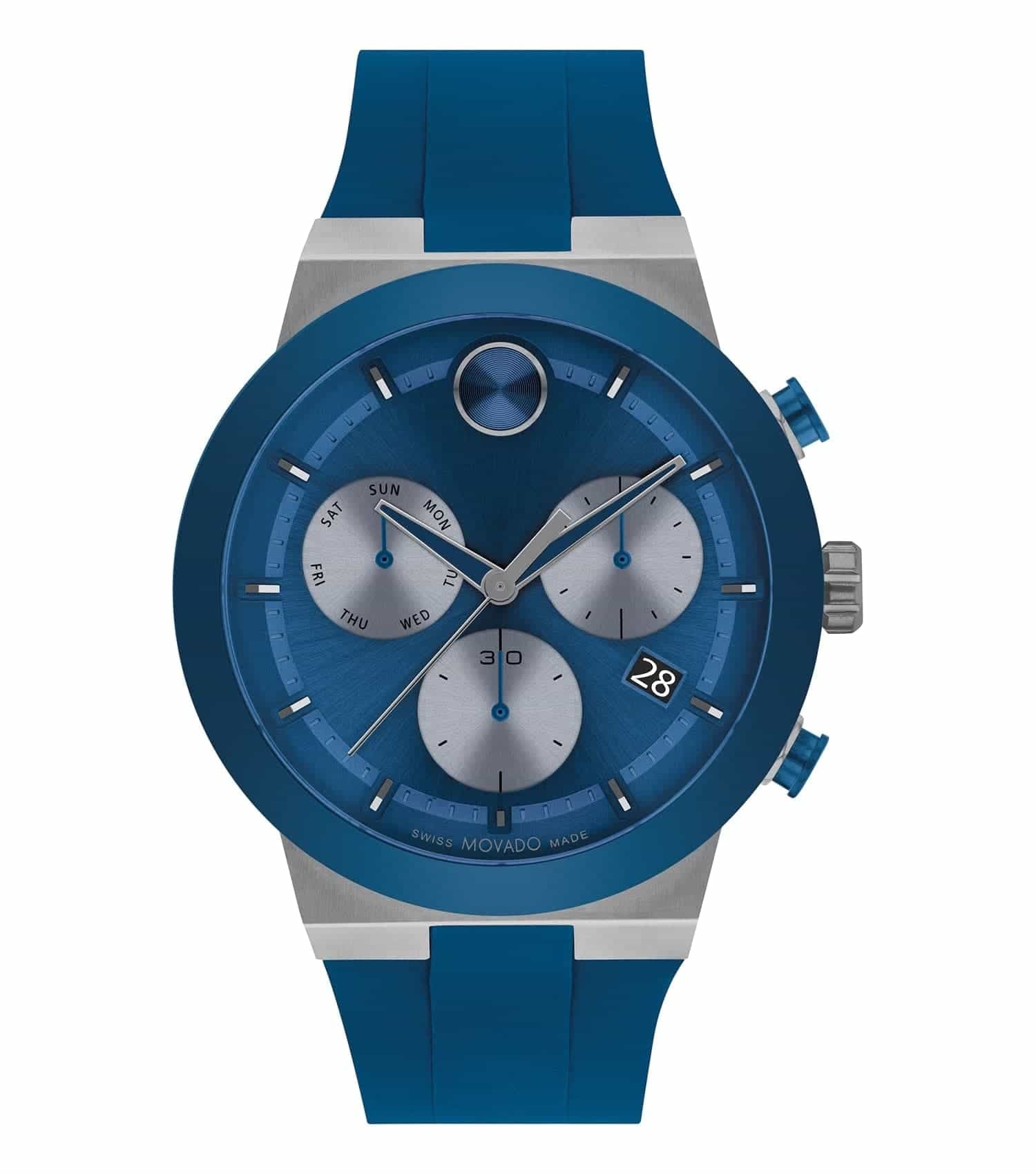 Movado watch in black color, showcasing a sleek round face and minimalistic design at a dynamic angle; ideal for modern watch enthusiasts.