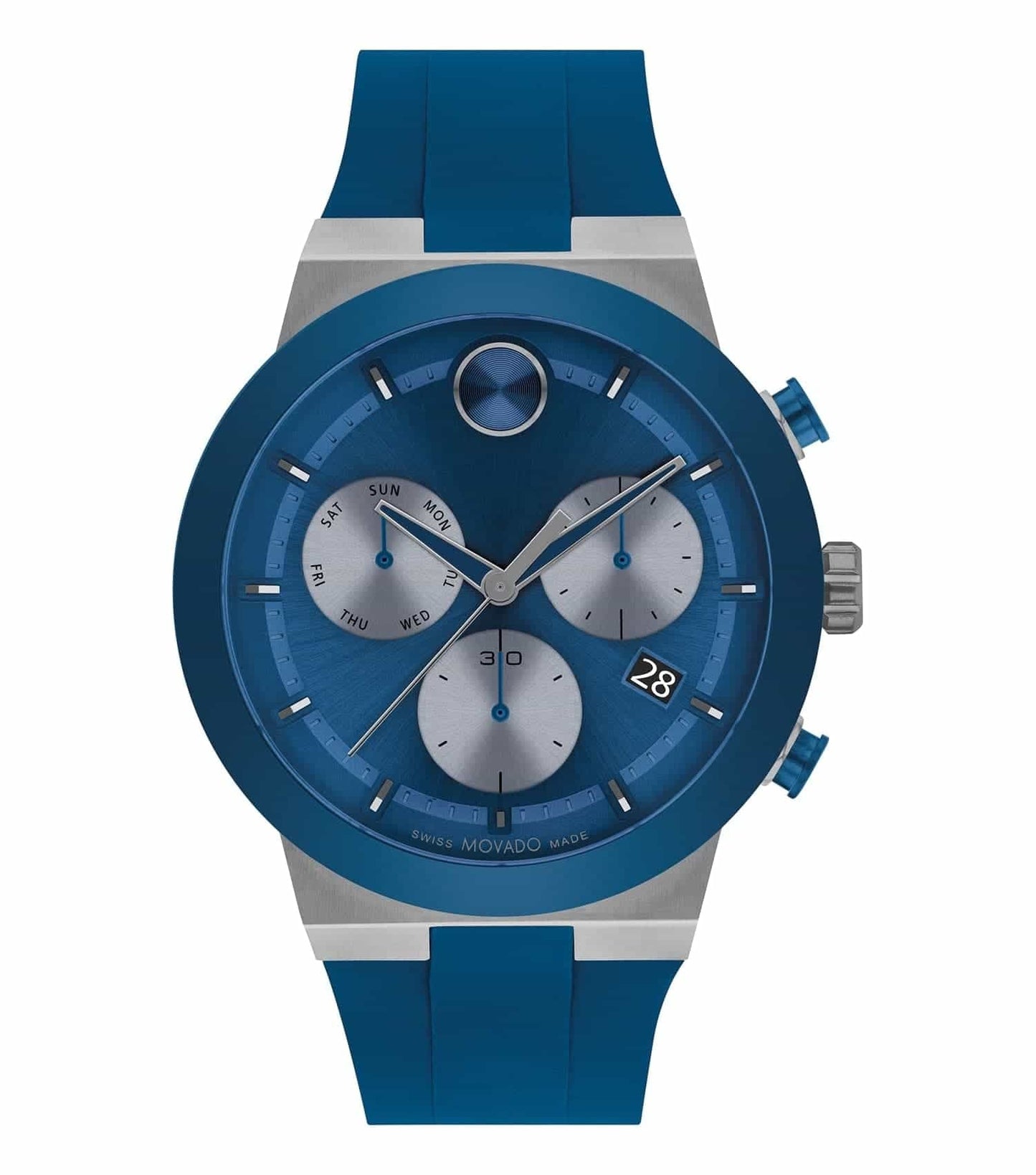 Movado watch in black color, showcasing a sleek round face and minimalistic design at a dynamic angle; ideal for modern watch enthusiasts.