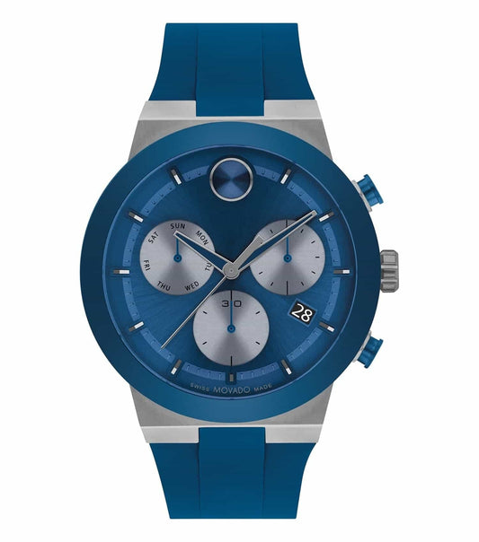 Movado watch in black color, showcasing a sleek round face and minimalistic design at a dynamic angle; ideal for modern watch enthusiasts.