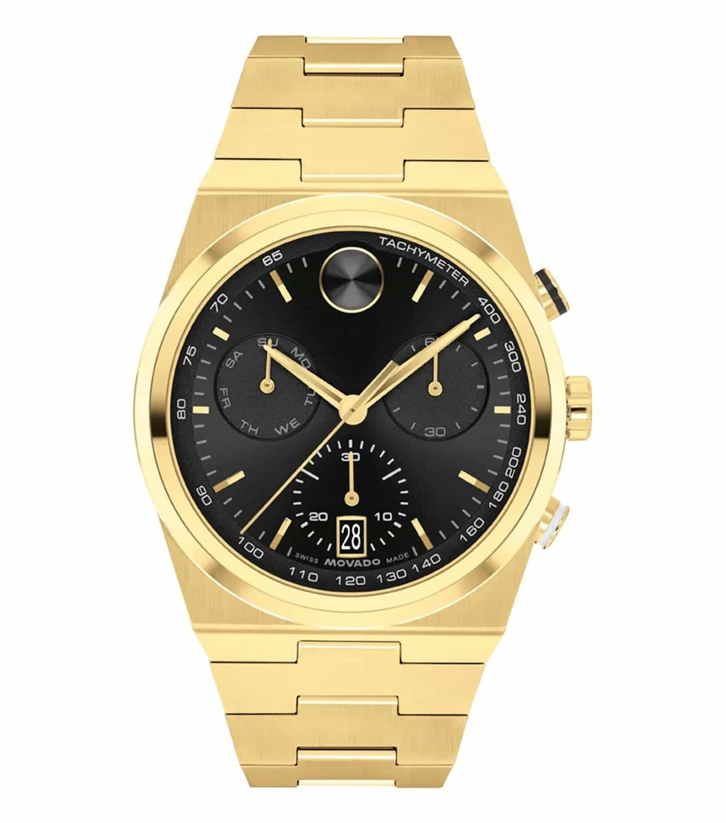Movado bold color watch with round dial and black leather strap, angled slightly to the left for an elegant display.