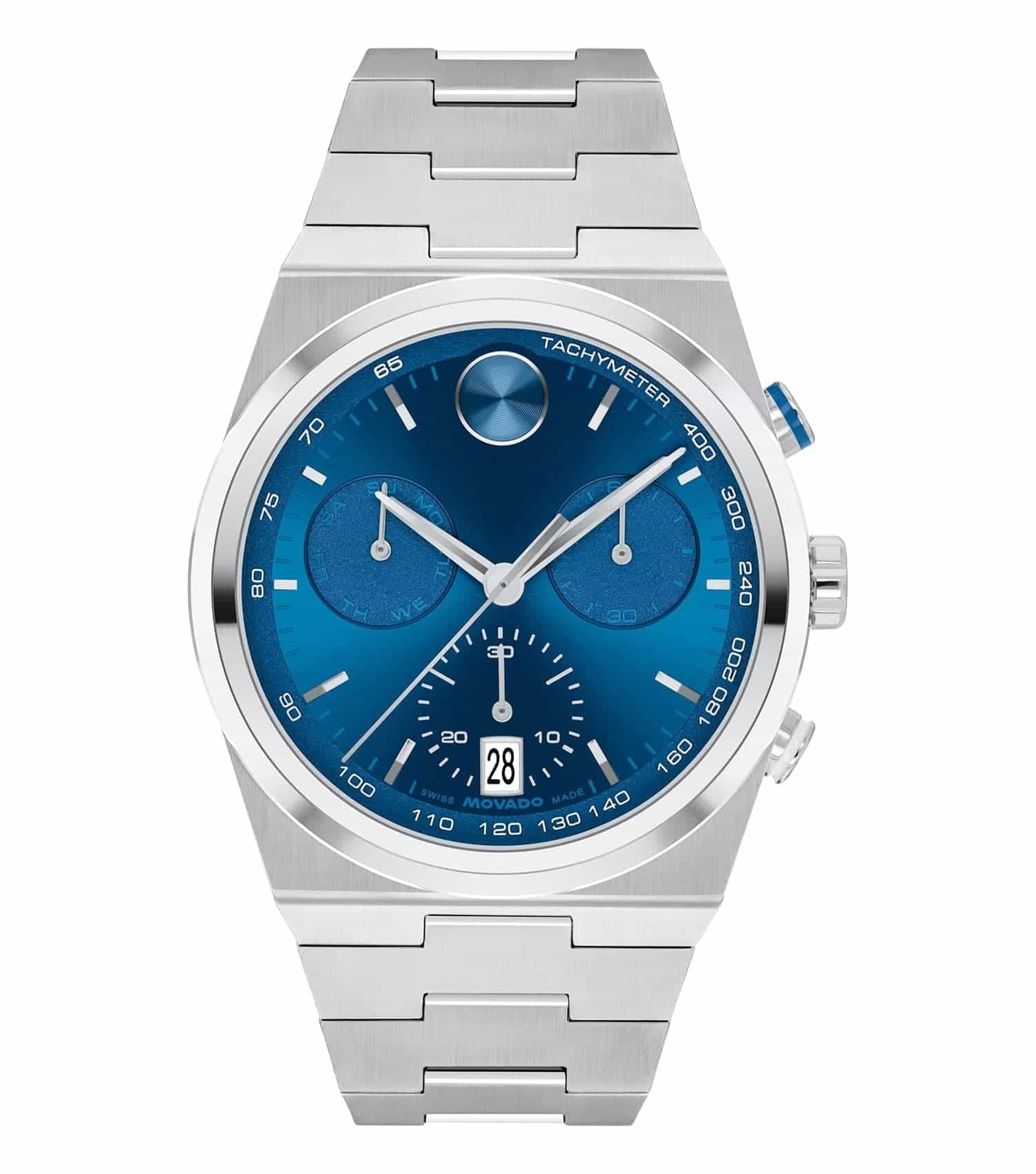 Movado watch in a sleek black hue, showcasing a minimalist round face and stainless steel band, captured at an angled side view.