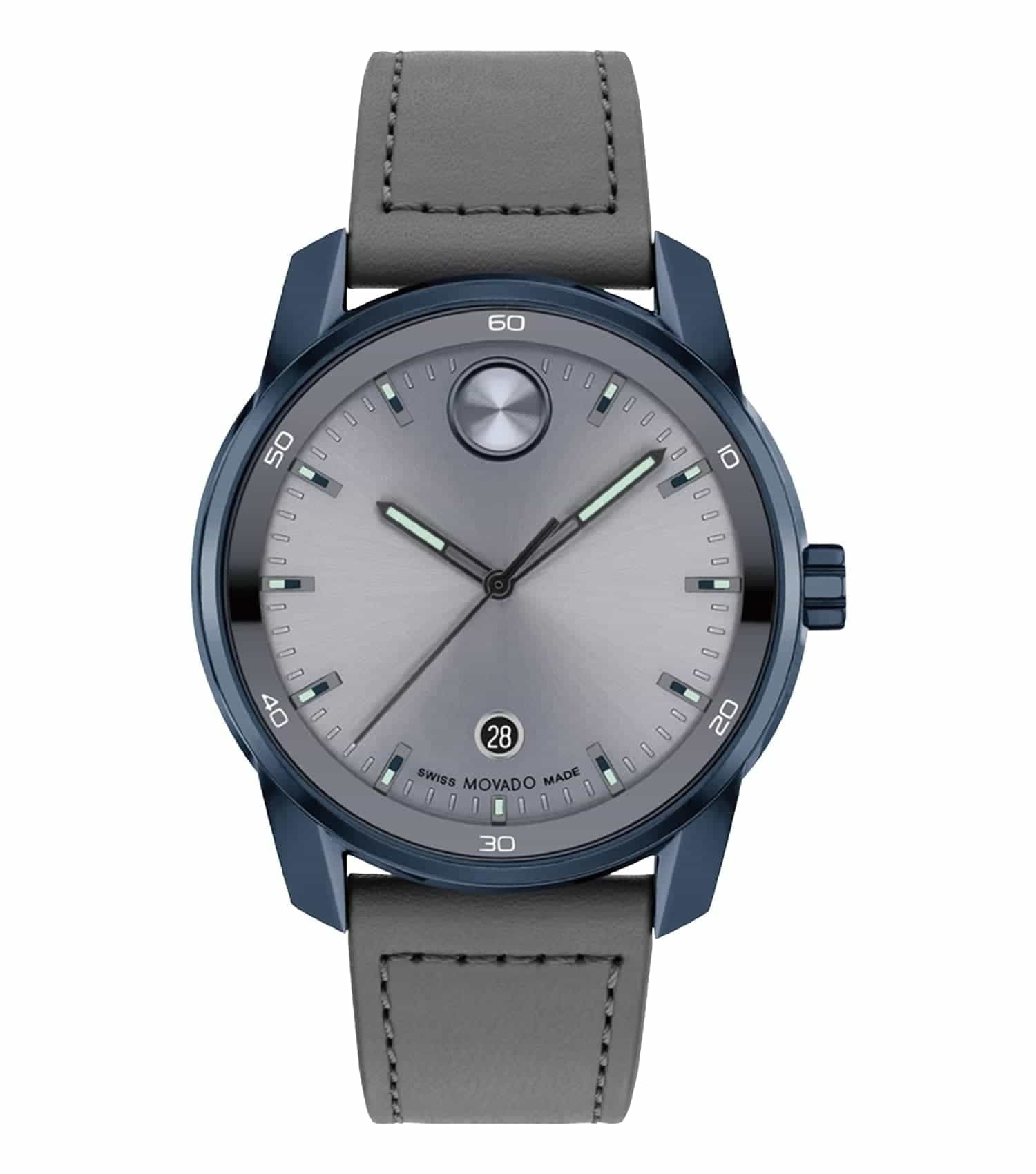 Movado watch in bold blue, angled slightly left, showcasing sleek design and silver accents; timepiece elegance and craftsmanship.
