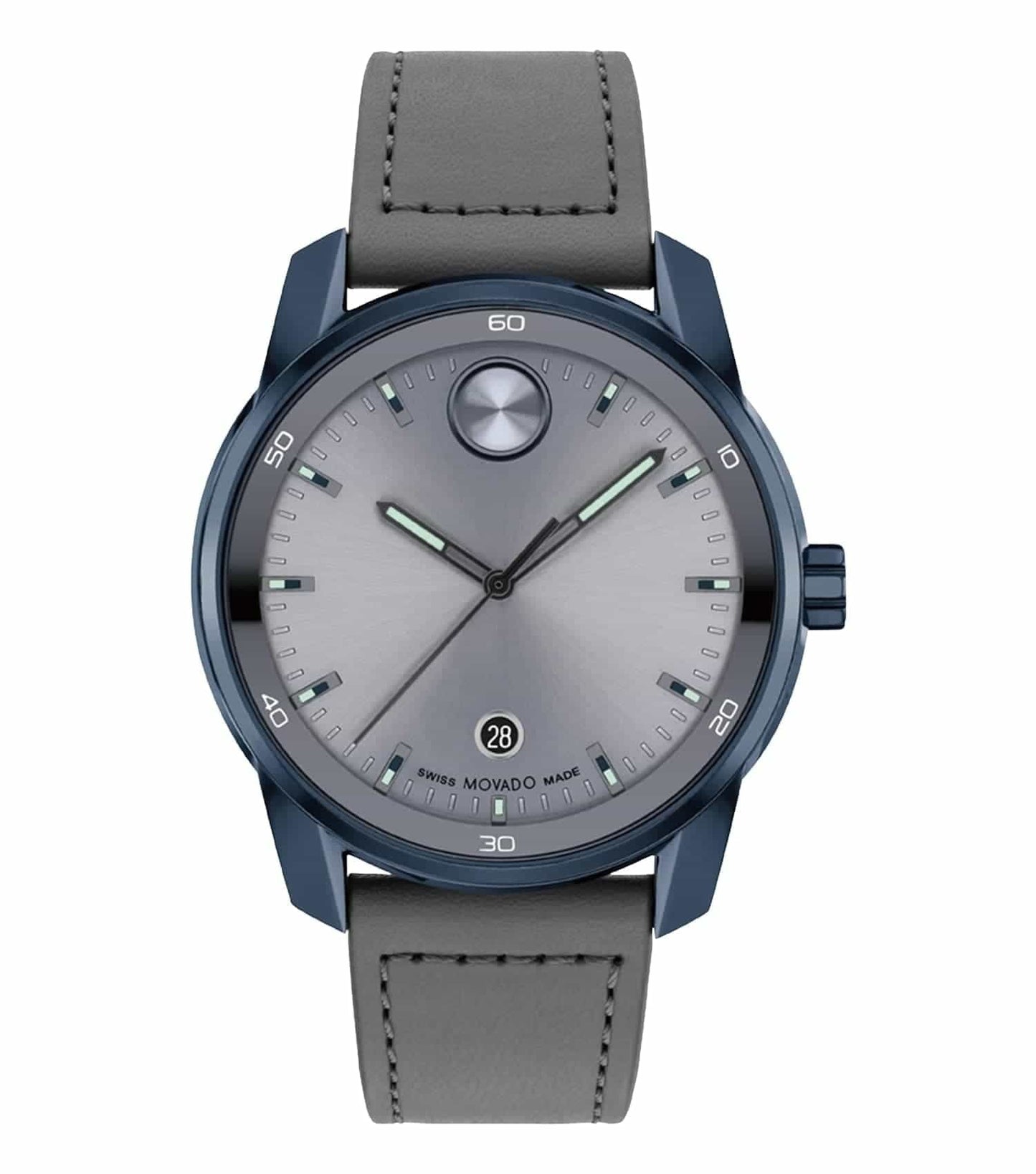 Movado watch in bold blue, angled slightly left, showcasing sleek design and silver accents; timepiece elegance and craftsmanship.