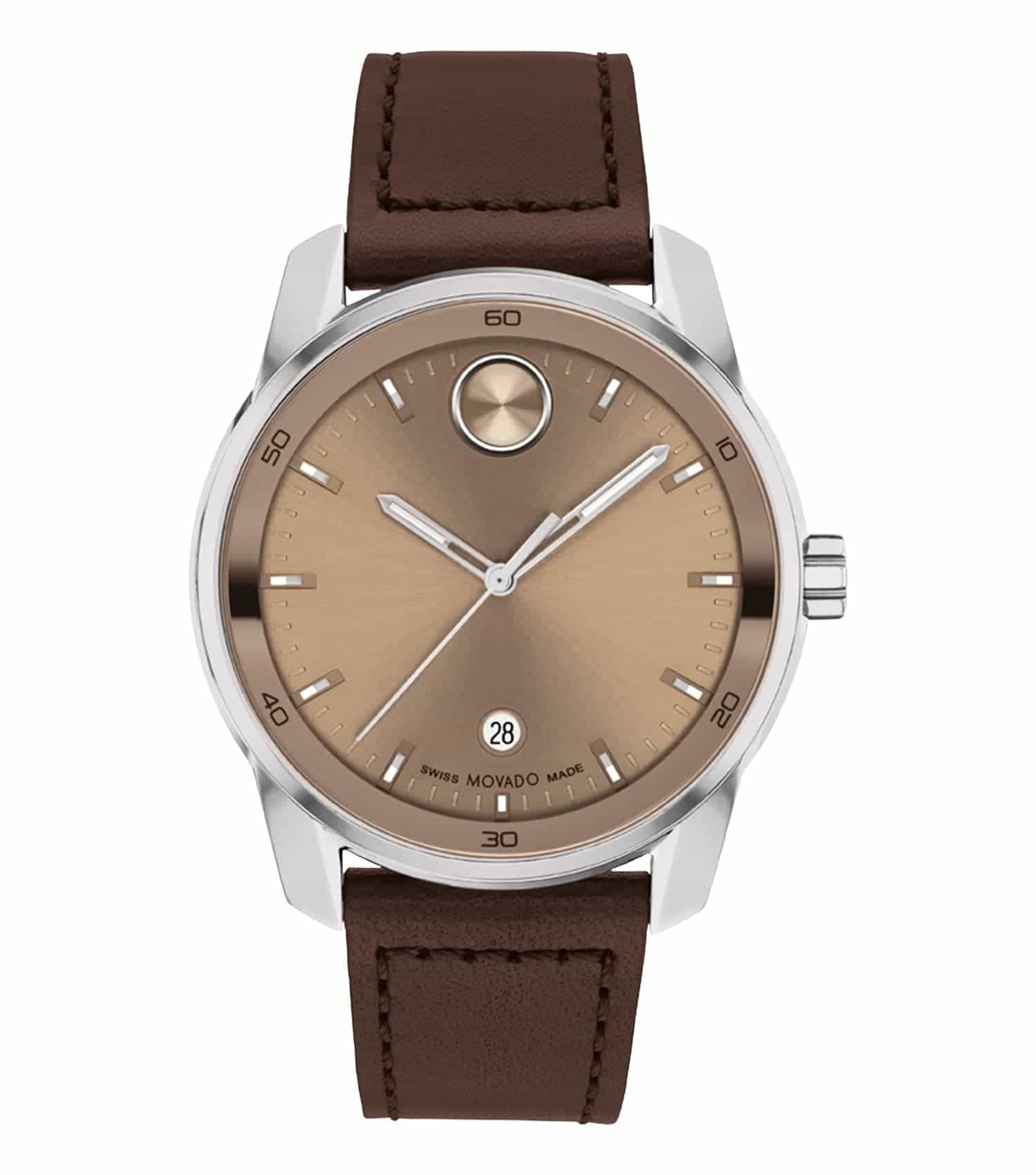 Movado watch in none color, side-angle view; sleek design with minimalist dial and black leather strap, embodies timeless elegance.