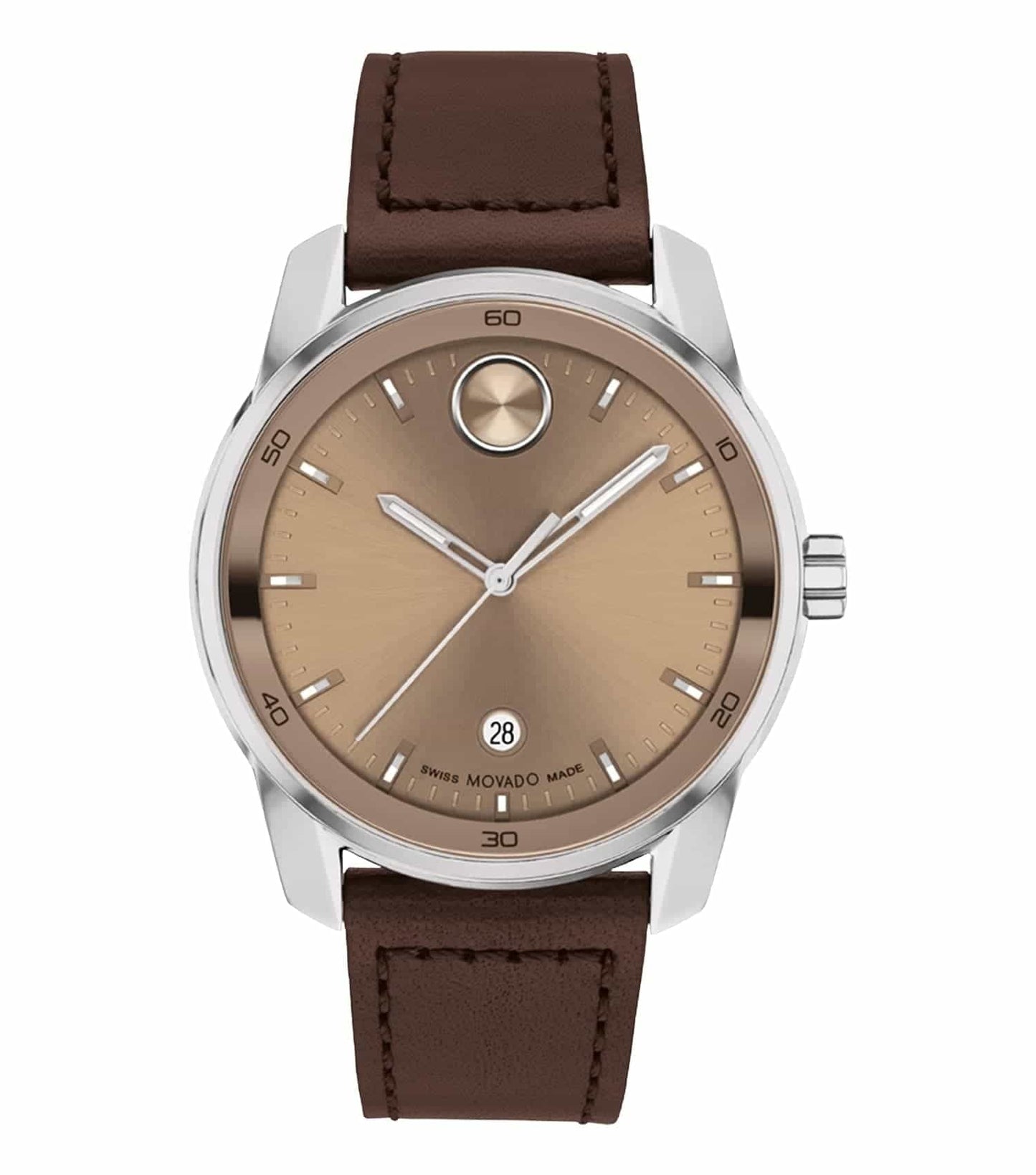 Movado watch in none color, side-angle view; sleek design with minimalist dial and black leather strap, embodies timeless elegance.
