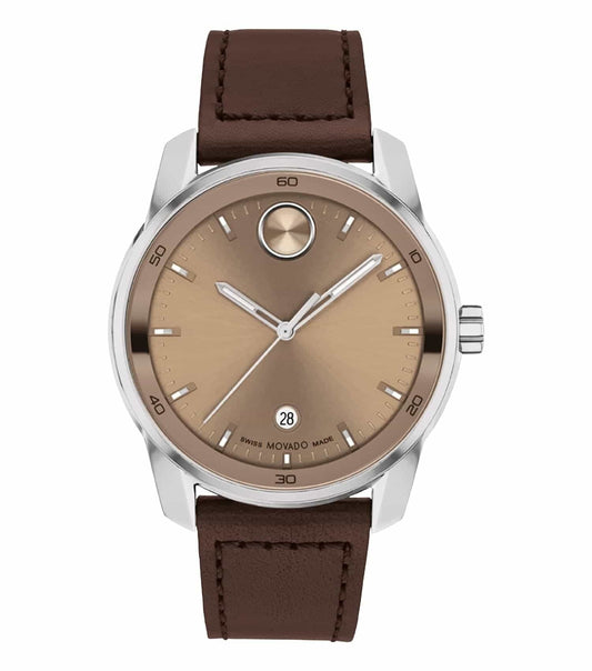 Movado watch in none color, side-angle view; sleek design with minimalist dial and black leather strap, embodies timeless elegance.