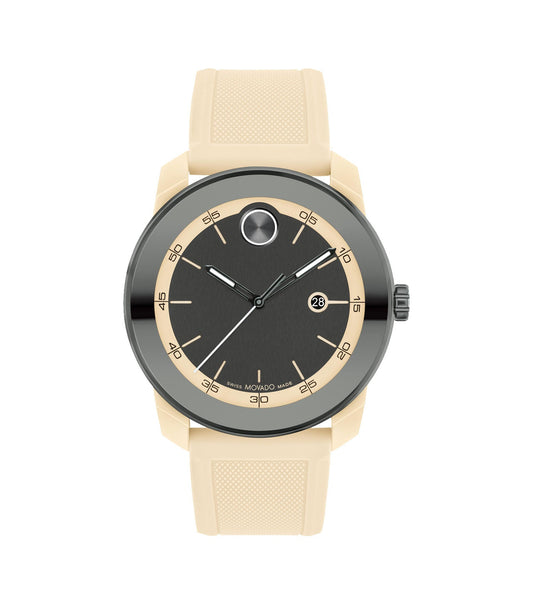 Movado watch in bold red, showcased in a side view, exuding elegance and modernity with its seamless round design and sleek strap.