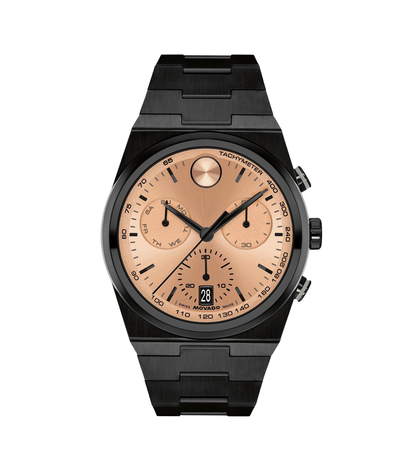 Elegant Movado watch with a bold blue dial, stainless steel bracelet, and minimalist design, photographed head-on for clarity.