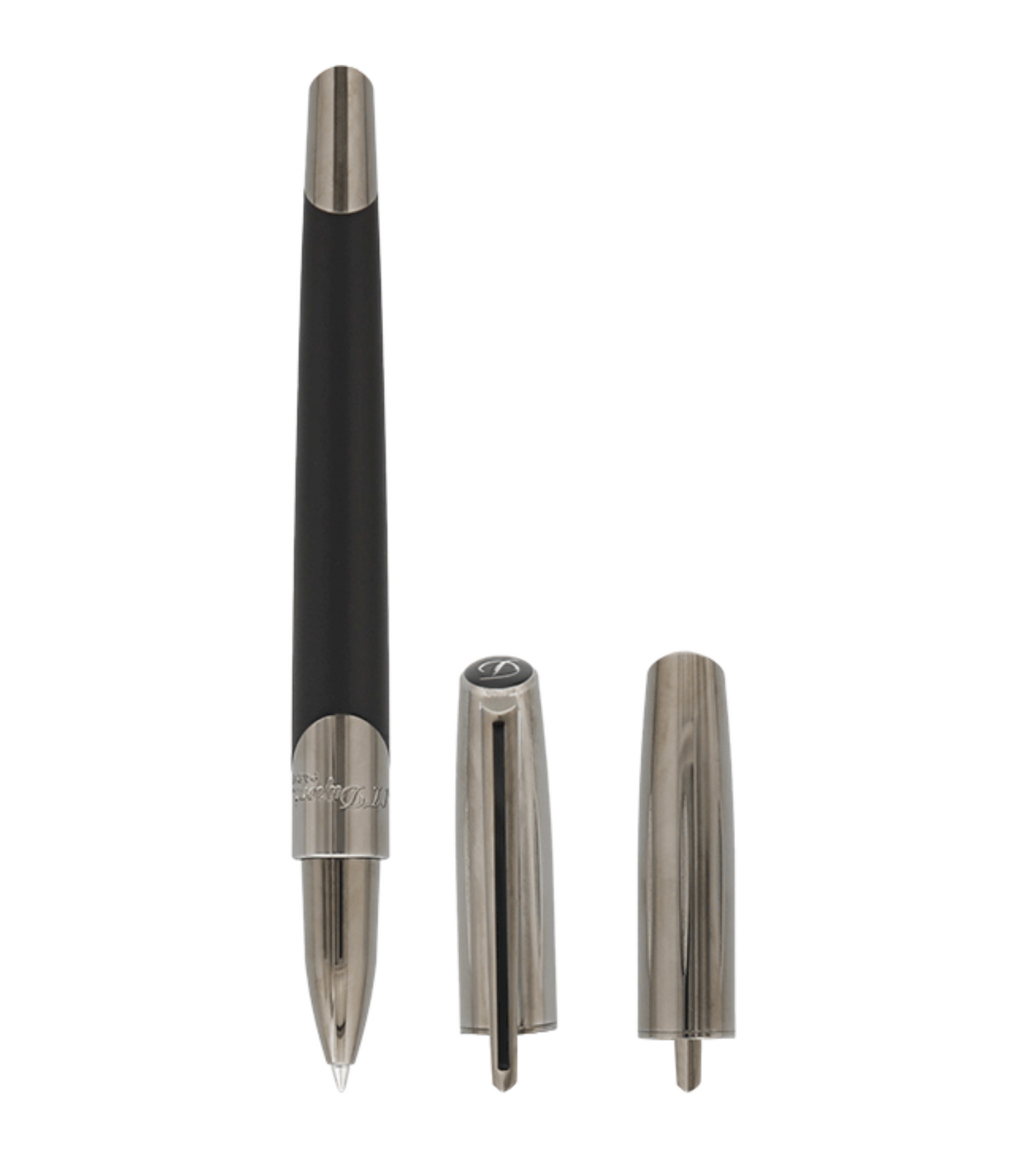 ST Dupont Rollerball Pen in Gunmetal and Matt Black, angled view showcasing elegant design, precision detailing, sophisticated finish.