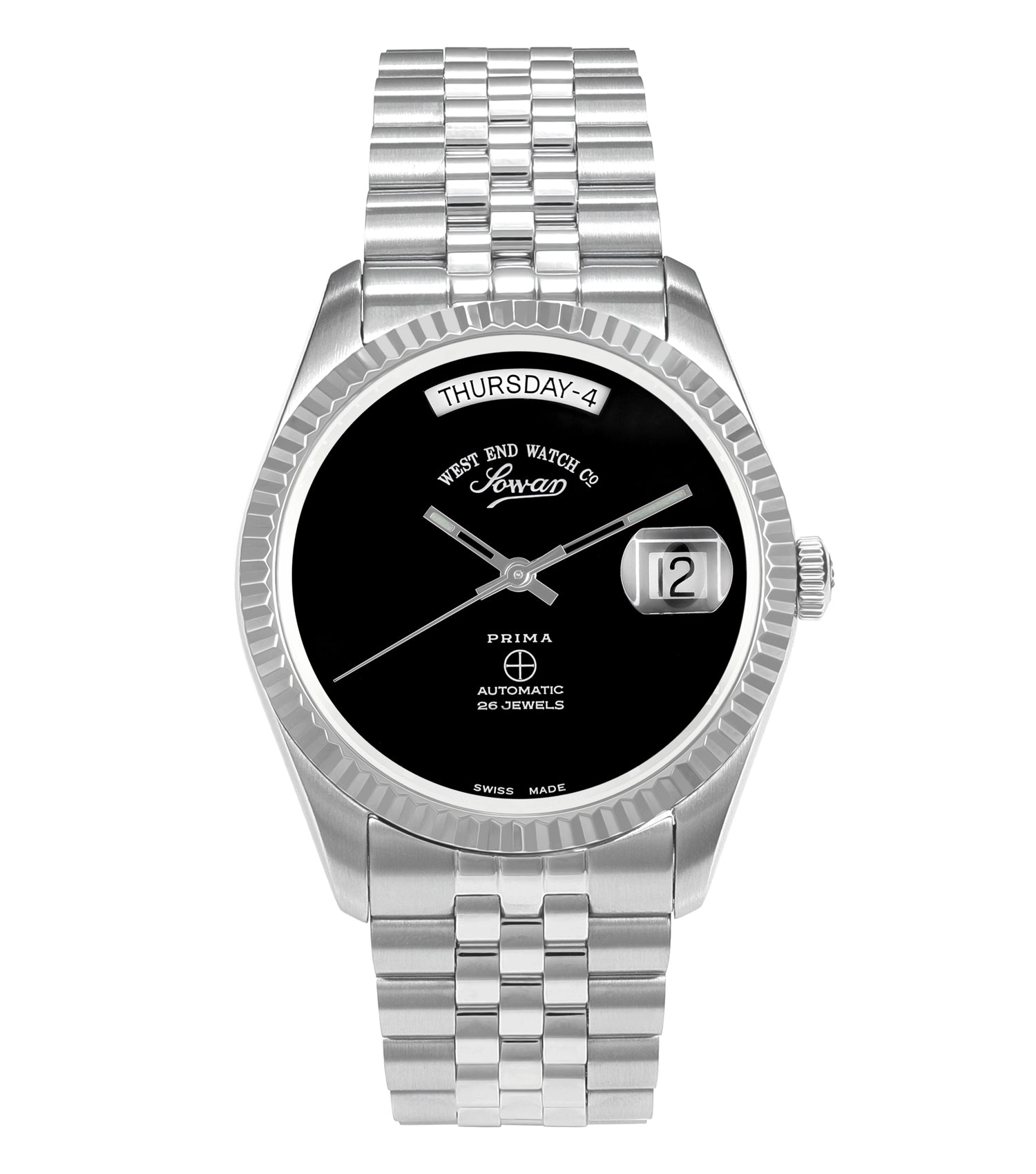 Elegant West End watch with an onyx black face and stainless steel bracelet, showcasing a side angle for a sophisticated look.