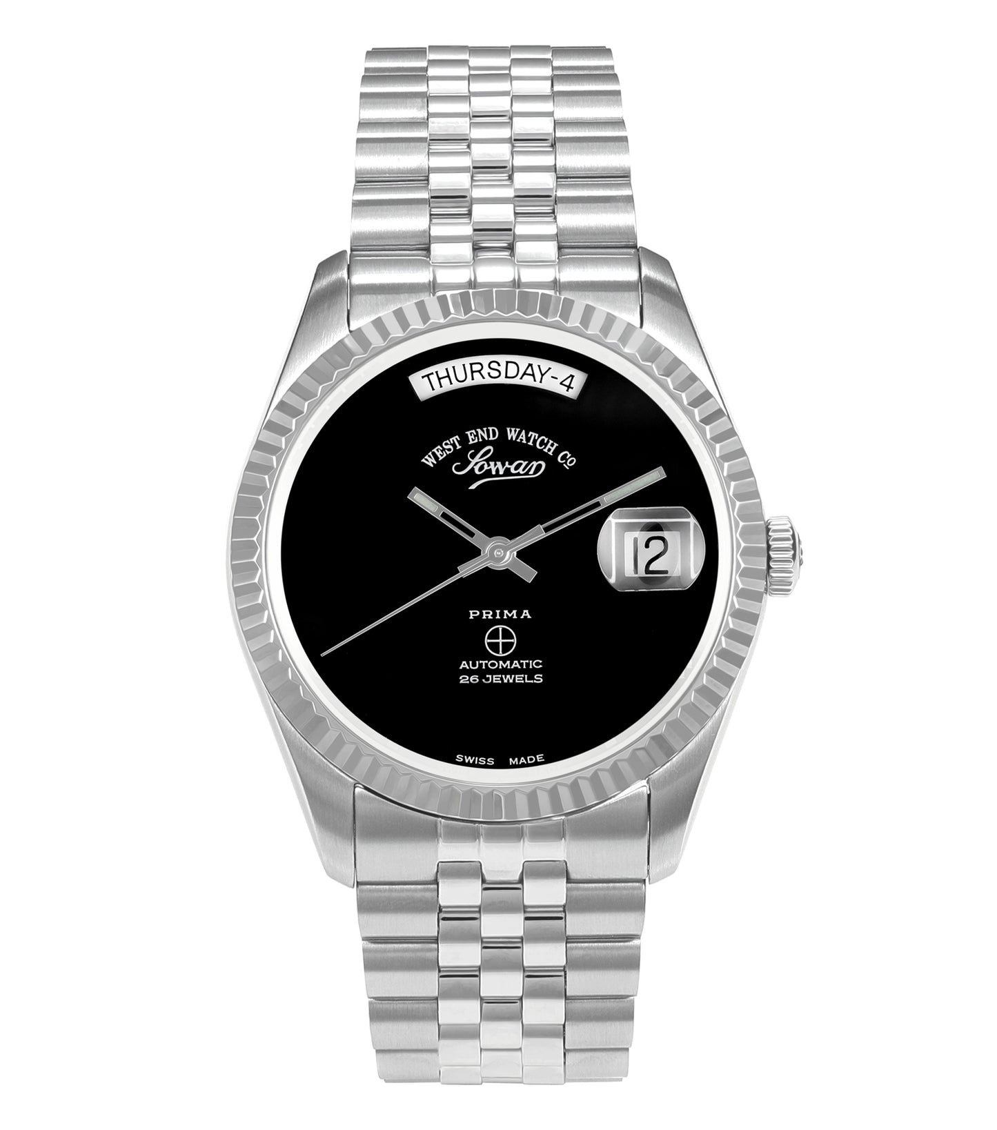 Elegant West End watch with an onyx black face and stainless steel bracelet, showcasing a side angle for a sophisticated look.