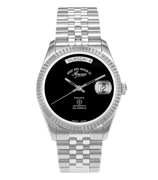 Elegant West End watch with an onyx black face and stainless steel bracelet, showcasing a side angle for a sophisticated look.
