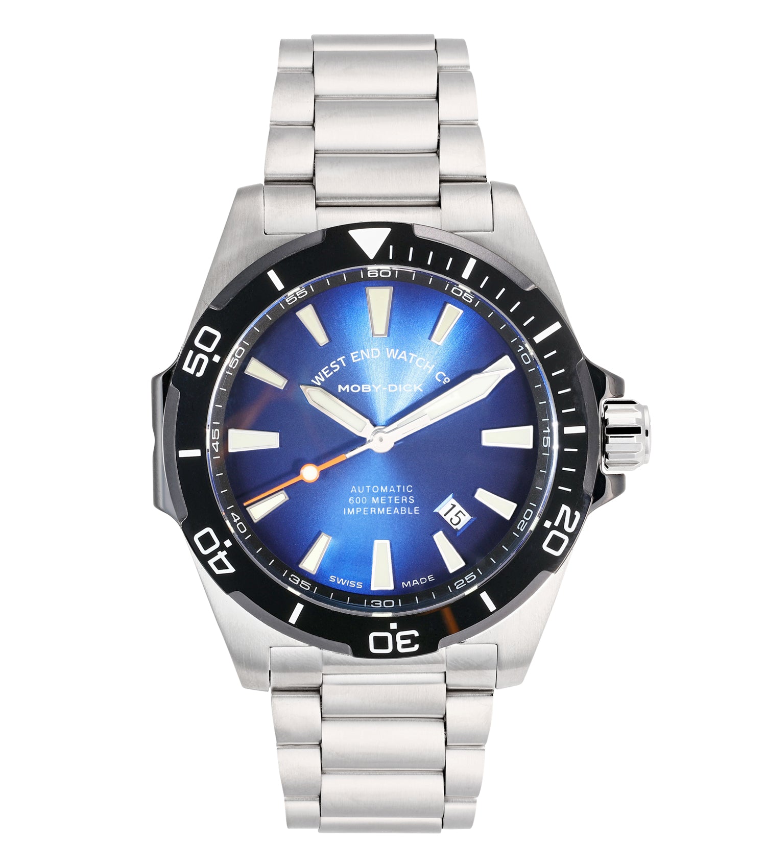 West End white watch with sleek design, showcasing the front angle view, featuring an elegant round dial and stainless steel bracelet.