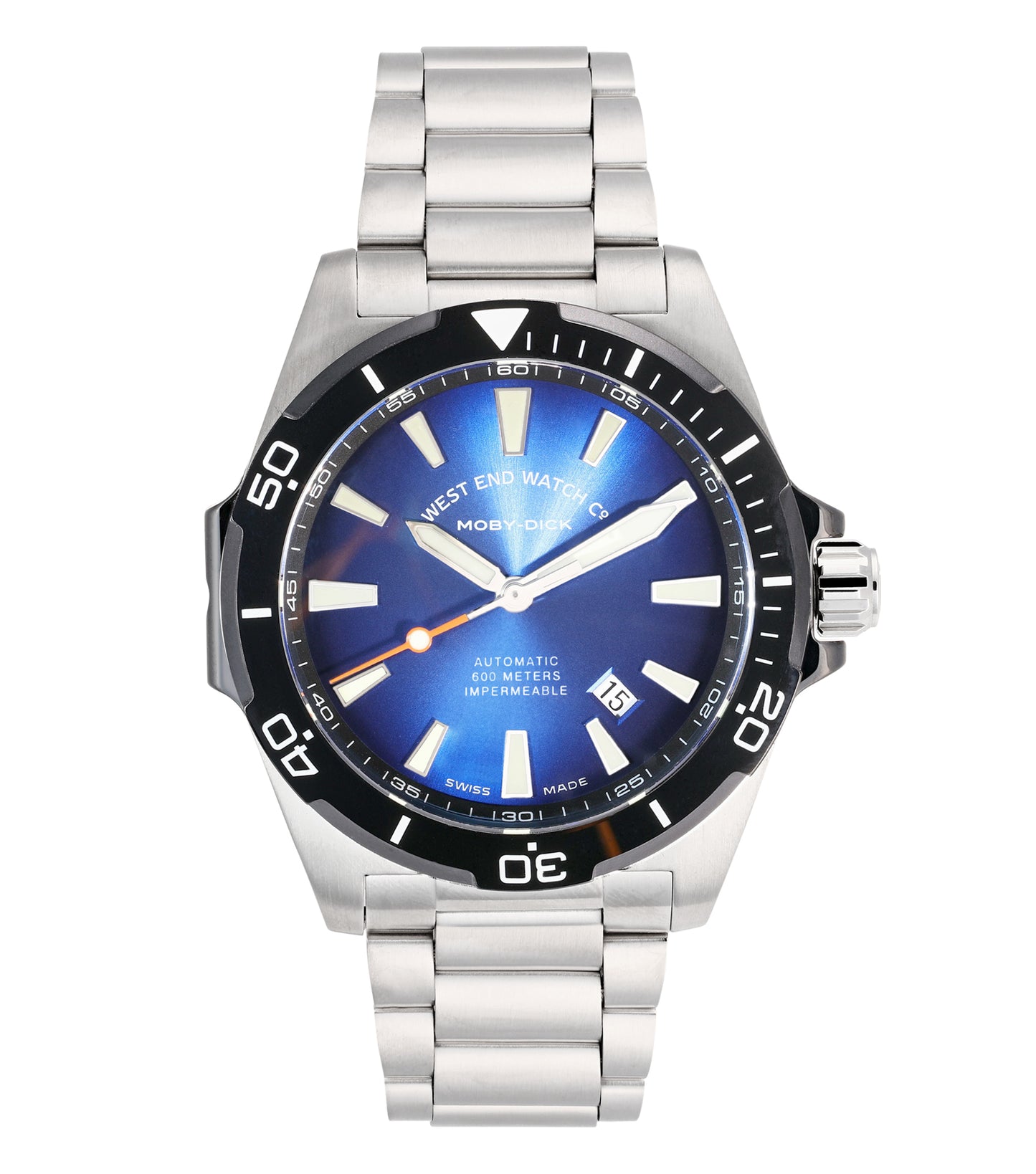 West End white watch with sleek design, showcasing the front angle view, featuring an elegant round dial and stainless steel bracelet.
