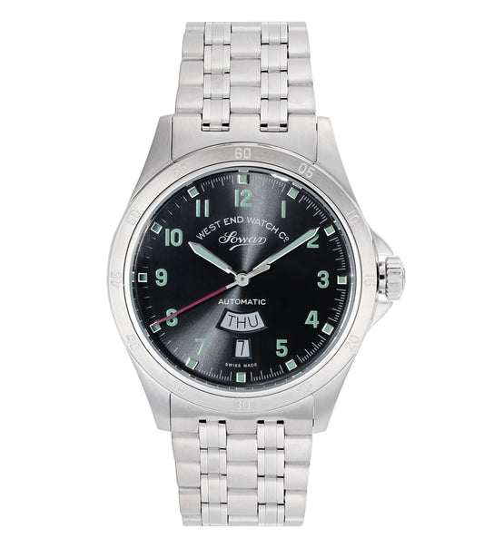 West End watch with a sleek design in none color, elegantly angled showcasing its refined craftsmanship against a blurred background.