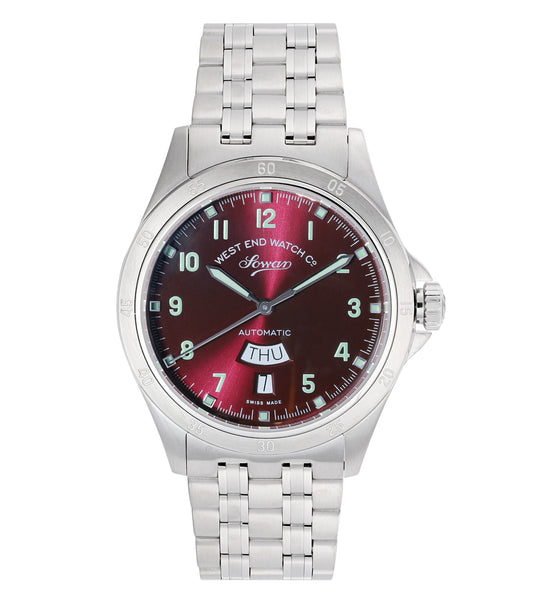 Silver West End watch with round dial, elegant design, side angle view showing intricate strap detail and craftsmanship.