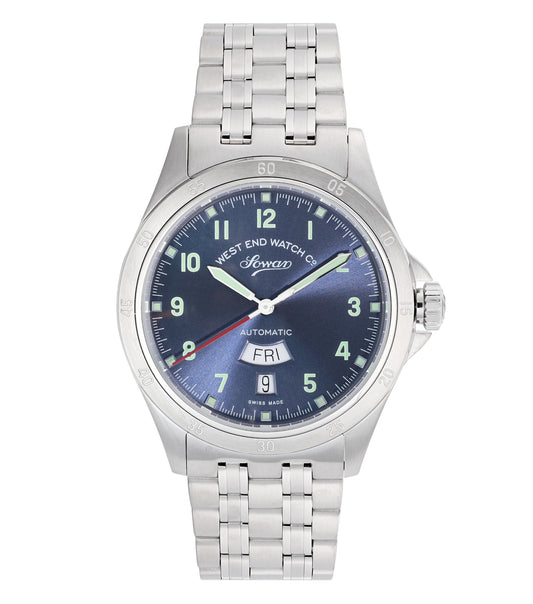 West End classic single-color watch in a front-facing angle, showcasing a sophisticated dial design and elegant strap details.