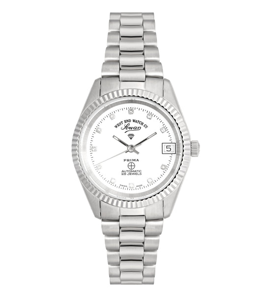 Elegant West End watch in none color, showcasing a minimalist round dial with date feature, angled from top-left for a classic view.