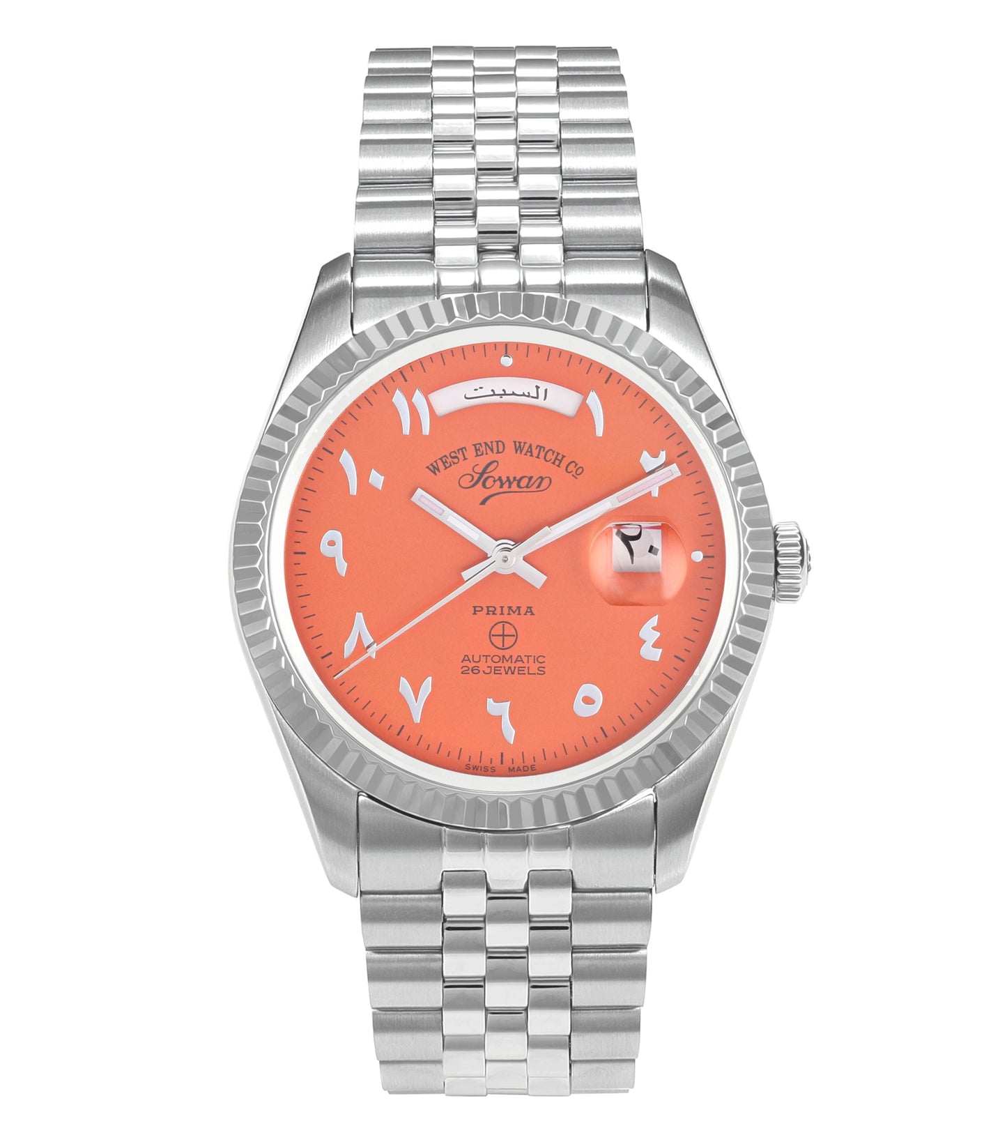 West End automatic watch featuring a refined black and silver design, displayed at a slight angle to showcase its intricate face.