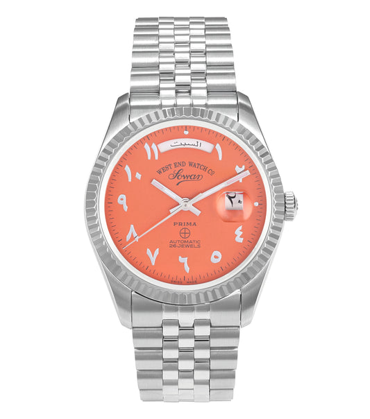 West End automatic watch featuring a refined black and silver design, displayed at a slight angle to showcase its intricate face.