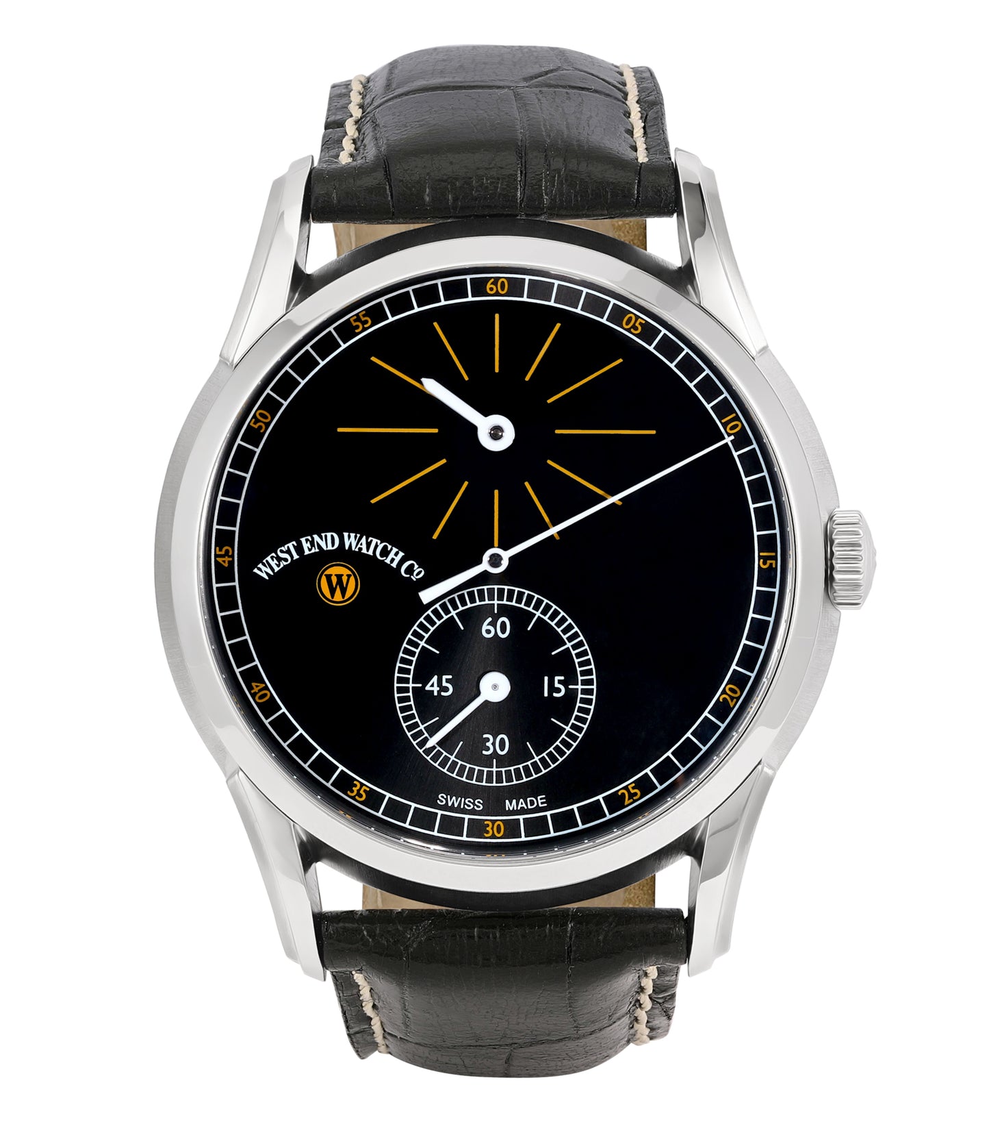 West End Regulator watch in white, showcasing elegant details; image captured from a front angle highlighting its classic design.