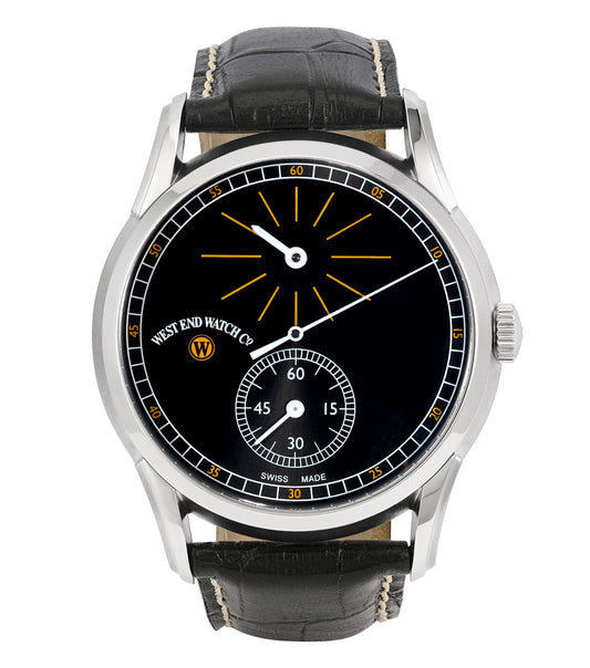 West End Regulator watch in white, showcasing elegant details; image captured from a front angle highlighting its classic design.